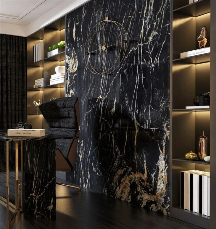 black and gold marble slab wall
