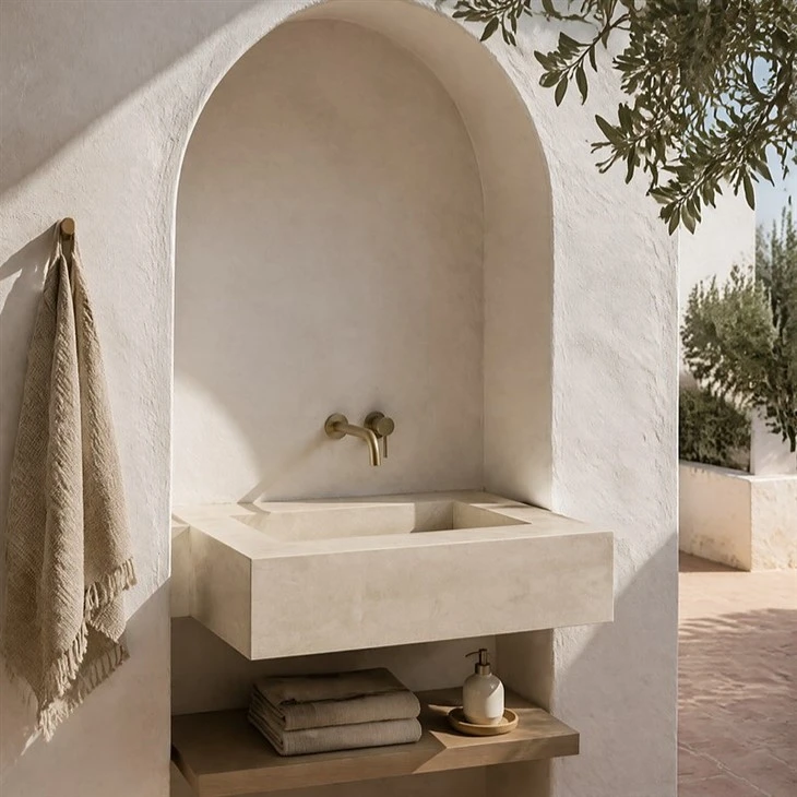 beige travertine floating sink